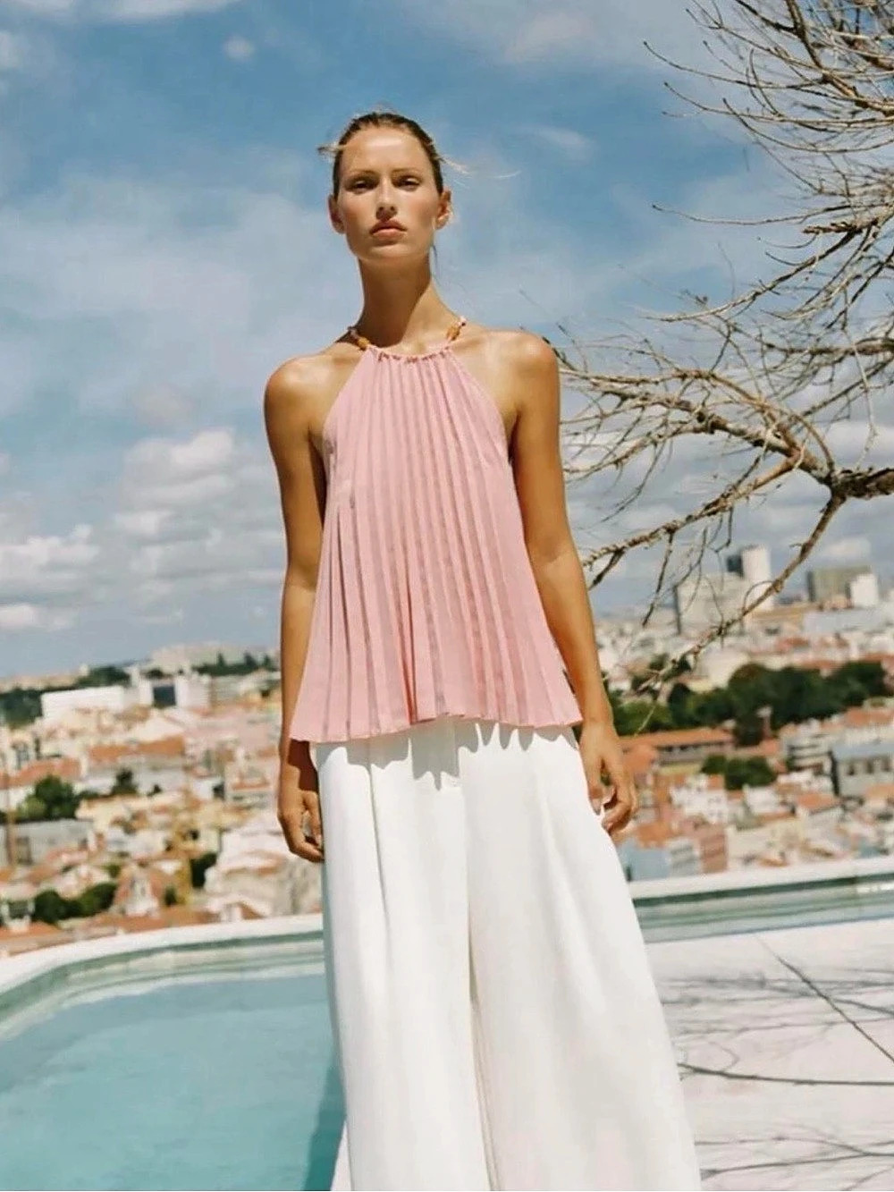 Zara Pleated Beaded Halter Top Pink